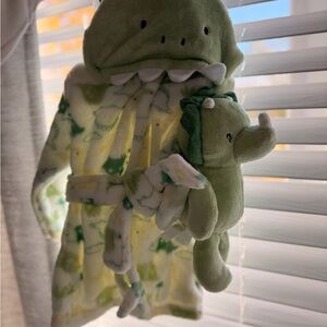 Green and Yellow Dinosaur Plush Robe with Toy